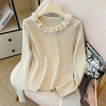 FA45331# 秋冬新款时尚洋气蕾丝拼接长袖针织衫女气质百搭打底衫毛衣上衣潮 服裝批發女裝批發服飾貨源