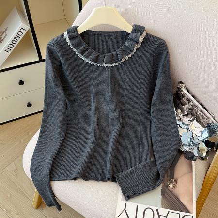 FA45331# 秋冬新款时尚洋气蕾丝拼接长袖针织衫女气质百搭打底衫毛衣上衣潮 服裝批發女裝批發服飾貨源