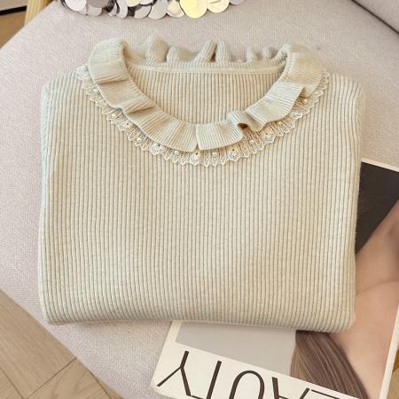 FA45331# 秋冬新款时尚洋气蕾丝拼接长袖针织衫女气质百搭打底衫毛衣上衣潮 服裝批發女裝批發服飾貨源