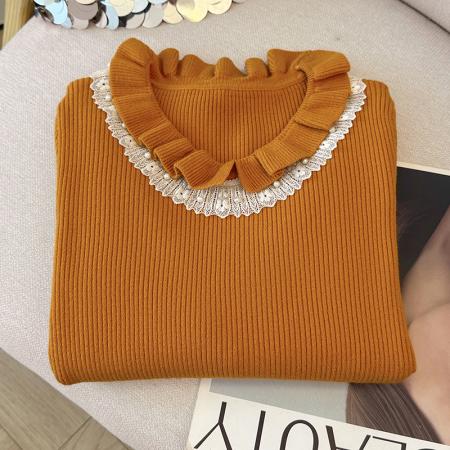 FA45331# 秋冬新款时尚洋气蕾丝拼接长袖针织衫女气质百搭打底衫毛衣上衣潮 服裝批發女裝批發服飾貨源