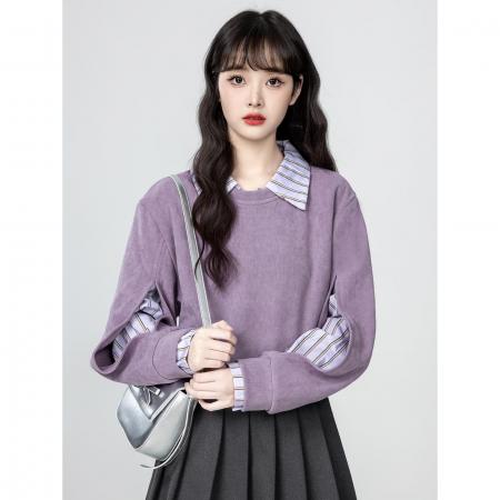 FA45332# miu系穿搭独特松弛感卫衣T恤紫色假两件长袖上衣女秋 服裝批發女裝批發服飾貨源