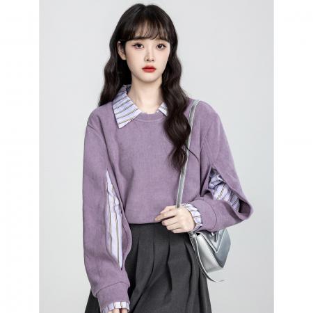 FA45332# miu系穿搭独特松弛感卫衣T恤紫色假两件长袖上衣女秋 服裝批發女裝批發服飾貨源