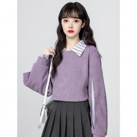 FA45332# miu系穿搭独特松弛感卫衣T恤紫色假两件长袖上衣女秋 服裝批發女裝批發服飾貨源