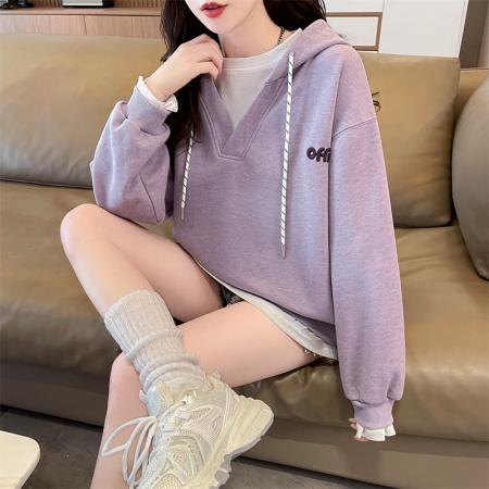 FA45336# 秋季曼巴棉假两件连帽百搭长袖卫衣女潮 服裝批發女裝批發服飾貨源