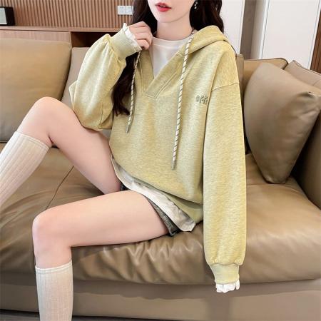 FA45336# 秋季曼巴棉假两件连帽百搭长袖卫衣女潮 服裝批發女裝批發服飾貨源