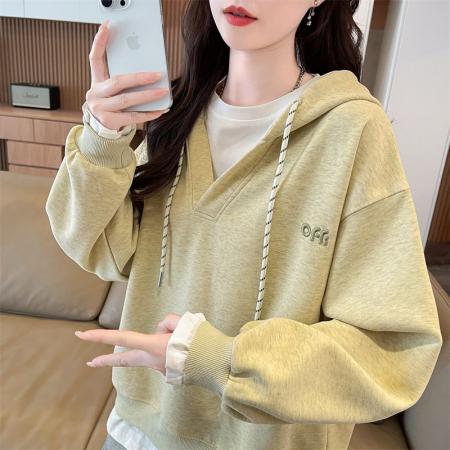 FA45336# 秋季曼巴棉假两件连帽百搭长袖卫衣女潮 服裝批發女裝批發服飾貨源