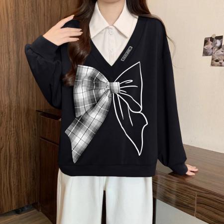 FA45337# 曼巴棉涤纶秋季薄款拼接假两件蝴蝶结上衣卫衣女 服裝批發女裝批發服飾貨源