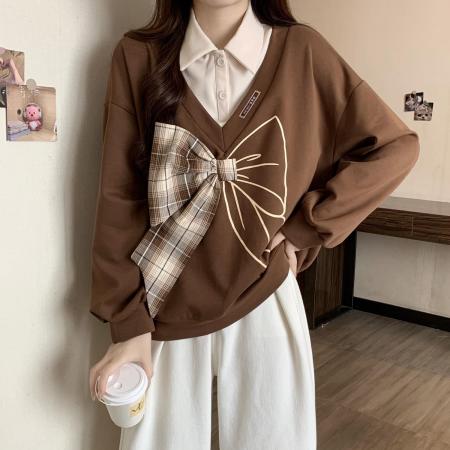 FA45337# 曼巴棉涤纶秋季薄款拼接假两件蝴蝶结上衣卫衣女 服裝批發女裝批發服飾貨源