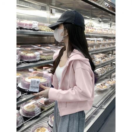 FA45339# 新款春秋季小个子美式短款连帽卫衣开衫拉链上衣外套女 服裝批發女裝批發服飾貨源