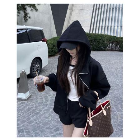 FA45339# 新款春秋季小个子美式短款连帽卫衣开衫拉链上衣外套女 服裝批發女裝批發服飾貨源