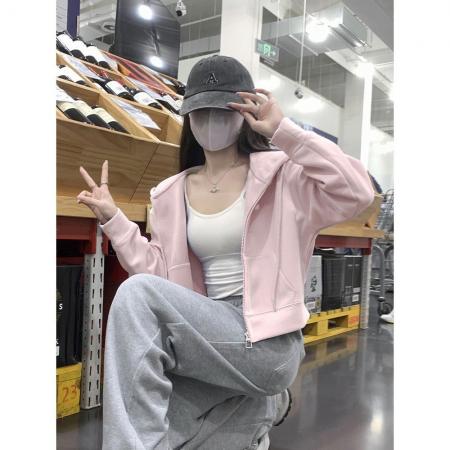 FA45339# 新款春秋季小个子美式短款连帽卫衣开衫拉链上衣外套女 服裝批發女裝批發服飾貨源