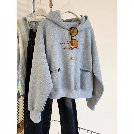 FA45340# 新款爆款小个子宽松帽衫短款上衣灰色连帽长袖卫衣外套女春秋 服裝批發女裝批發服飾貨源