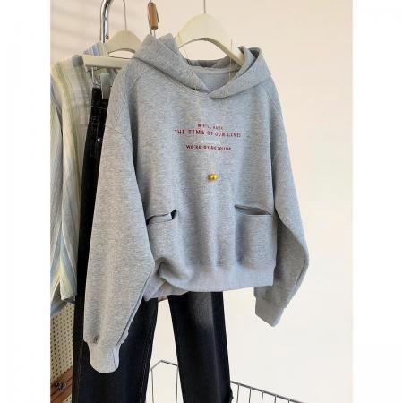 FA45340# 新款爆款小个子宽松帽衫短款上衣灰色连帽长袖卫衣外套女春秋 服裝批發女裝批發服飾貨源