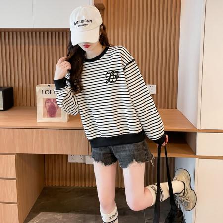 FA45342# 织条条纹卫衣女春秋装新款圆领贝壳宽松小个子上衣 服裝批發女裝批發服飾貨源