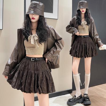 FA45348# 高腰咖色皮裙半身裙女秋季美拉德穿搭甜酷辣妹风百褶蓬蓬裙pu短裙 服裝批發女裝批發服飾貨源