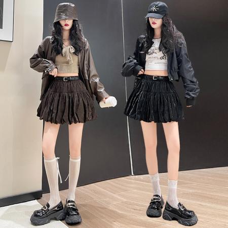 FA45348# 高腰咖色皮裙半身裙女秋季美拉德穿搭甜酷辣妹风百褶蓬蓬裙pu短裙 服裝批發女裝批發服飾貨源