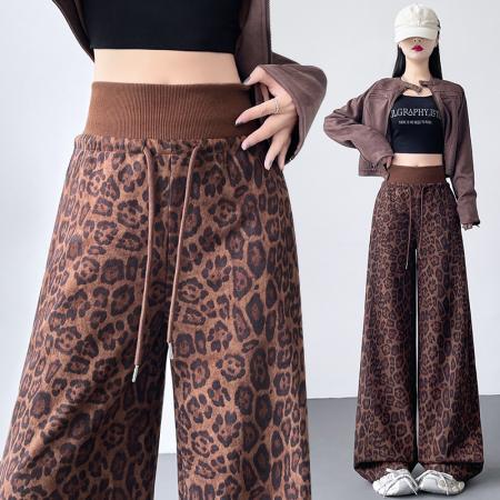 FA45349# 豹纹阔腿裤女秋季新款麂皮绒高腰显瘦垂感宽松直筒裤子拖地裤 服裝批發女裝批發服飾貨源