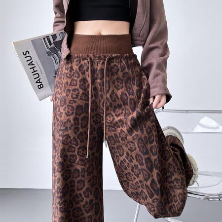 FA45349# 豹纹阔腿裤女秋季新款麂皮绒高腰显瘦垂感宽松直筒裤子拖地裤 服裝批發女裝批發服飾貨源
