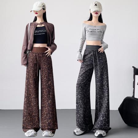 FA45349# 豹纹阔腿裤女秋季新款麂皮绒高腰显瘦垂感宽松直筒裤子拖地裤 服裝批發女裝批發服飾貨源