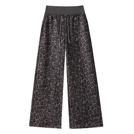 FA45349# 豹纹阔腿裤女秋季新款麂皮绒高腰显瘦垂感宽松直筒裤子拖地裤 服裝批發女裝批發服飾貨源