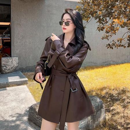 FA45356# 美拉德皮风衣外套女秋季美式复古中长款高级感气质PU皮夹克潮 服裝批發女裝批發服飾貨源