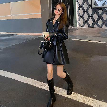 FA45356# 美拉德皮风衣外套女秋季美式复古中长款高级感气质PU皮夹克潮 服裝批發女裝批發服飾貨源