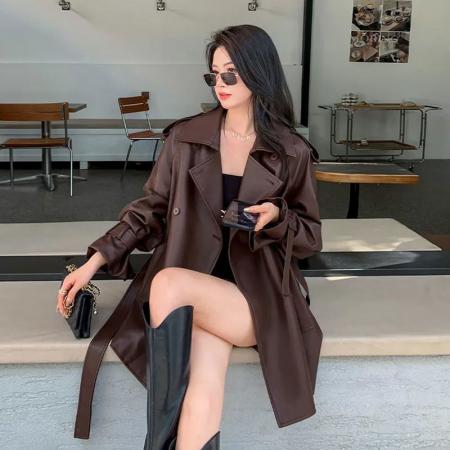 FA45356# 美拉德皮风衣外套女秋季美式复古中长款高级感气质PU皮夹克潮 服裝批發女裝批發服飾貨源