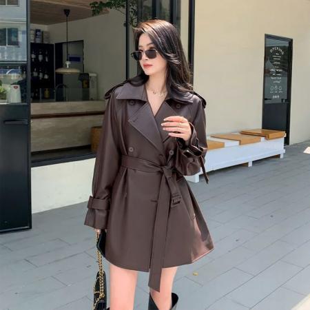 FA45356# 美拉德皮风衣外套女秋季美式复古中长款高级感气质PU皮夹克潮 服裝批發女裝批發服飾貨源