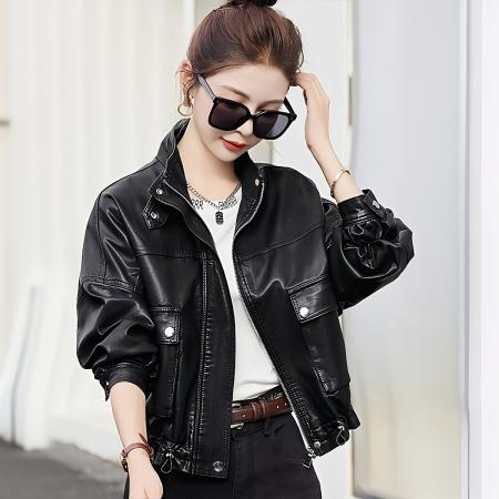 FA45357# pu皮衣外套女春秋装新新款高级感宽松短款机车皮夹克上衣潮 服裝批發女裝批發服飾貨源