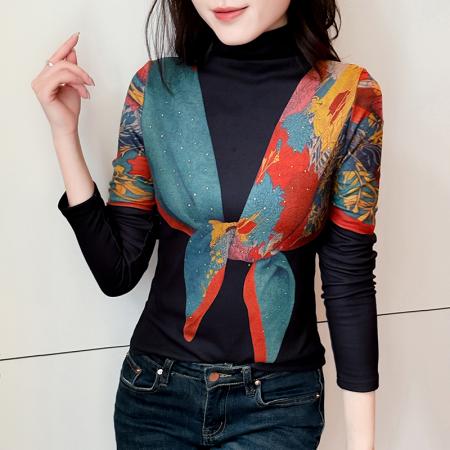 FA45358# 秋季新款拼色印花长袖半高领百搭洋气时尚显瘦修身打底衫女 服裝批發女裝批發服飾貨源