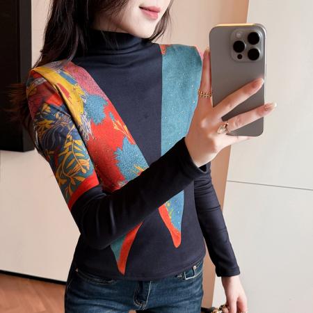 FA45358# 秋季新款拼色印花长袖半高领百搭洋气时尚显瘦修身打底衫女 服裝批發女裝批發服飾貨源