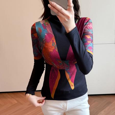 FA45358# 秋季新款拼色印花长袖半高领百搭洋气时尚显瘦修身打底衫女 服裝批發女裝批發服飾貨源