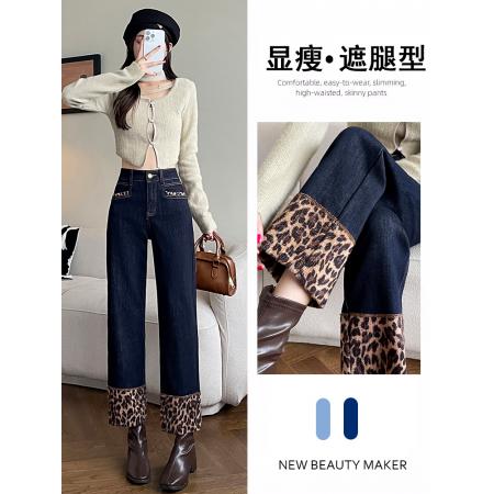 FA45359# 豹纹绒拼接烟管牛仔裤女秋冬季加绒加厚小个子九分法棍直筒裤 服裝批發女裝批發服飾貨源