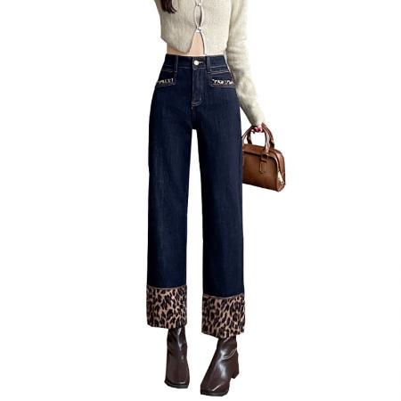 FA45359# 豹纹绒拼接烟管牛仔裤女秋冬季加绒加厚小个子九分法棍直筒裤 服裝批發女裝批發服飾貨源