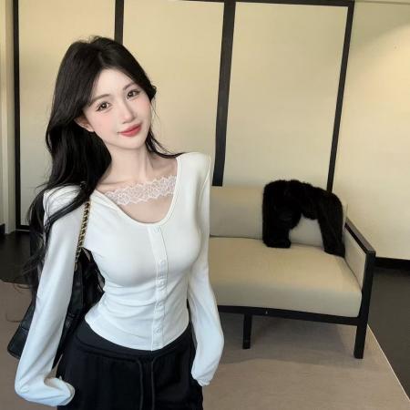 FA45361# 秋冬韩版设计小蕾丝拼接长袖修身打底T恤上衣 服裝批發女裝批發服飾貨源