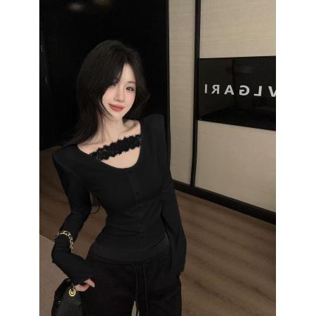 FA45361# 秋冬韩版设计小蕾丝拼接长袖修身打底T恤上衣 服裝批發女裝批發服飾貨源