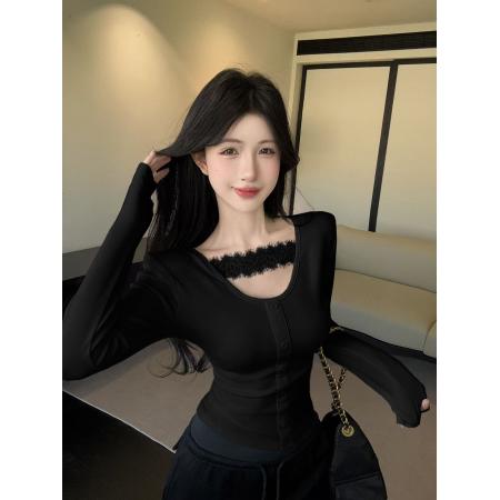 FA45361# 秋冬韩版设计小蕾丝拼接长袖修身打底T恤上衣 服裝批發女裝批發服飾貨源