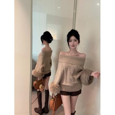 FA45362# 袖口狐狸毛高龄一字肩两穿麻花珍珠毛衣 服裝批發女裝批發服飾貨源