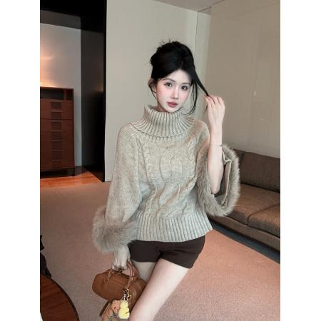 FA45362# 袖口狐狸毛高龄一字肩两穿麻花珍珠毛衣 服裝批發女裝批發服飾貨源