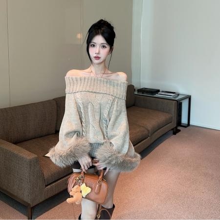 FA45362# 袖口狐狸毛高龄一字肩两穿麻花珍珠毛衣 服裝批發女裝批發服飾貨源