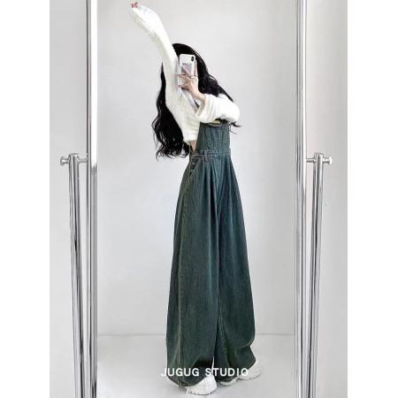大码复古高腰牛仔背带裤女秋冬新款设计感显瘦宽松直筒阔腿连体裤 服裝批發女裝批發服飾貨源