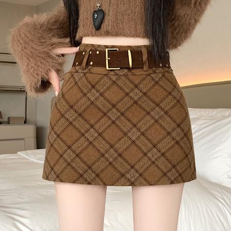 复古格纹毛呢半身裙女新款秋冬季小个子辣妹高腰a字包臀短裙 服裝批發女裝批發服飾貨源