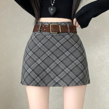 复古格纹毛呢半身裙女新款秋冬季小个子辣妹高腰a字包臀短裙 服裝批發女裝批發服飾貨源
