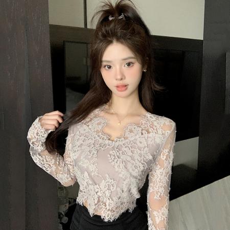 FA45366# 纯欲V领长袖蕾丝衫女秋装性感纯色内搭打底小衫修身短款露脐上衣 服裝批發女裝批發服飾貨源