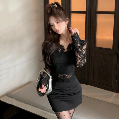 FA45366# 纯欲V领长袖蕾丝衫女秋装性感纯色内搭打底小衫修身短款露脐上衣 服裝批發女裝批發服飾貨源