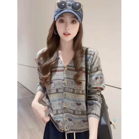 FA45368# 秋季复古洋气显瘦慵懒风撞色软糯V领大象印花针织毛衣外套 服裝批發女裝批發服飾貨源