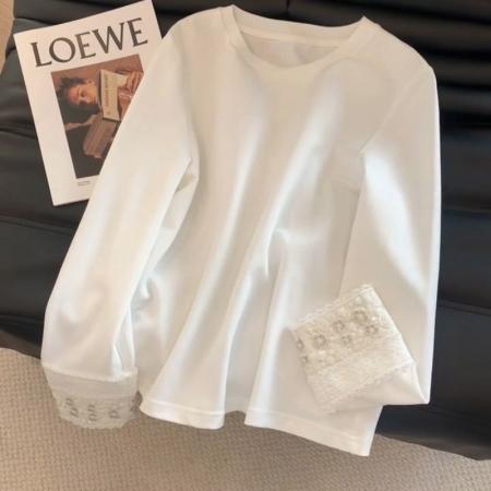 FA45371# 棉双面袖口蕾丝拼接白色内搭打底衫女新款长袖T恤 服裝批發女裝批發服飾貨源