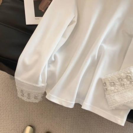 FA45371# 棉双面袖口蕾丝拼接白色内搭打底衫女新款长袖T恤 服裝批發女裝批發服飾貨源