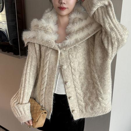 FA45372# 羊驼毛衣设计感海军领麻花软糯针织衫女开衫加厚毛领外套上衣 服裝批發女裝批發服飾貨源