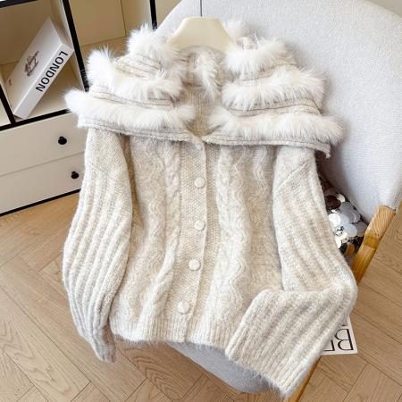 FA45372# 羊驼毛衣设计感海军领麻花软糯针织衫女开衫加厚毛领外套上衣 服裝批發女裝批發服飾貨源